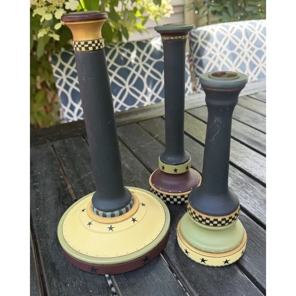 Vintage SET OF 3 Folk Art Candlestick Hiolders Williraye Studio Hand Painted